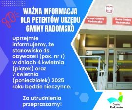 Plakat informacyjny: widoczny budynek UG Radomsko 
