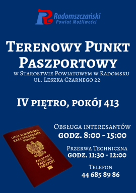 Plakat informujący o otwarciu punktu paszportowego w Starostwie Powiatowym w Radomsku 