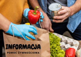 Plakat informacyjny. Widoczna torba na zakupy i żywność 