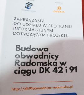 Ulotka informująca o spotkaniu w sprawie budowy obwodnicy Radomska  