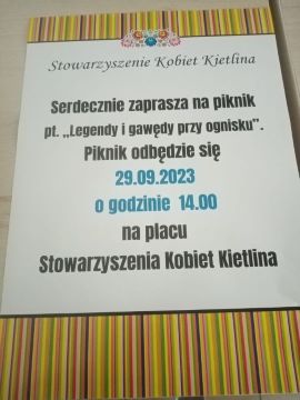 Plakat informujący o pikniku organizowanym przez Stowarzyszenie Kobiet Kietlina 