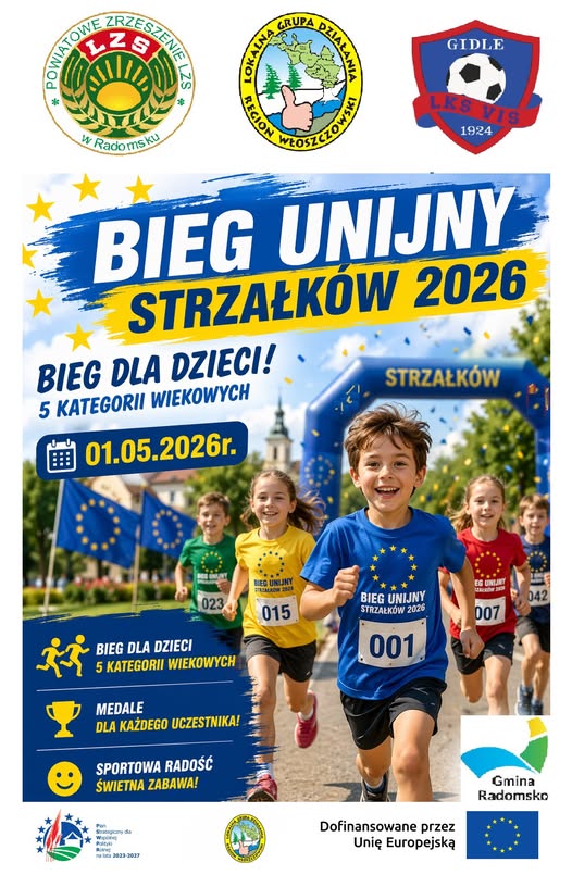 Kolorowy plakat informacyjny. Widoczne biegnące dzieci 