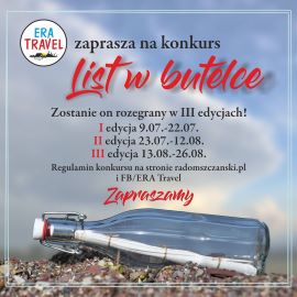Plakat informacyjny dotyczący konkursu organizowanego przez Era Travel ph. "List w butelce"