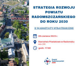 Plakat informujący o warsztatach dot. Strategi Rozwoju Powiatu Radomszczańskiego