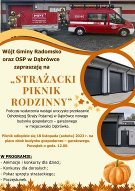 Plakat informujący o pikniku strażackim w miejscowości Dąbrówka 