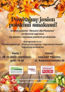 Kolorowy plakat zapraszający na piknik organizowany przez Stowarzyszenie "Aktywni dla Płoszowa" pt. "Powitajmy jesień polskimi smakami"  