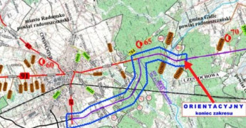 Mapka odzwierciedlająca planowany przebieg obwodnicy Radomska 