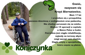 Plakat będący zapowiedzą sportowego wydarzenia. Na plakacie widoczny jest chłopiec siedzący na wózku inwalidzkim. Jest to osoba, na której leczenie podczas biegu będą zbierane pieniądze. 