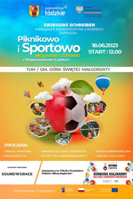 Plakat informujący o wydarzeniu plenerowym pn. Piknikowo i Sportowo z Województwem Łódzkim