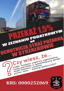 Plakat informacyjny 1,5 % podatku dla OSP w Strzałkowie