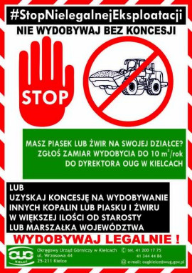 Plakat kampanii STOP nielegalnemu wydobyciu piasku i żwiru
