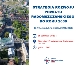 Plakat informujący o warsztatach dot. Strategii Rozwoju Powiatu Radomszczańskiego