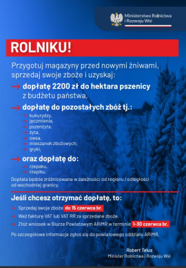 Plakat Ministerstwa Rolnictwa i Rozwoju Wsi informujący rolników o możliwości sprzedaży zboża