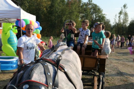 Dzieci siedzą w bryczce 