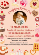 Kolorowy plakat zachęcający do udziału w charytatywnym kiermaszu. Na plakacie widoczny mały chłopiec 