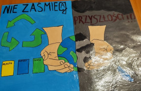 Praca plastyczna: widoczna ziemia, ręce, kosze na śmieci, napisy 