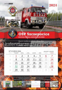 Kalendarz na 2024 r. wydany przez OSP Szczepocice. U góry widoczny strażacki wóz bojowy