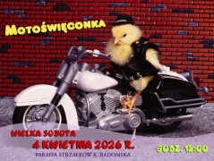 Plakat informacyjny dotyczący motoświęconki. Widoczny motocykl i kurczak 