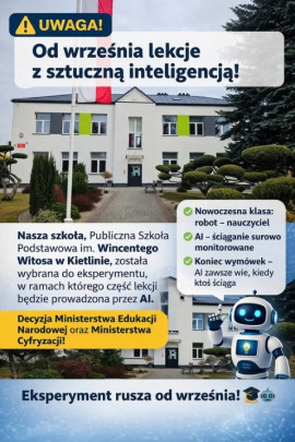 Plakat informacyjny. Widoczny budynek szkoły oraz napisy 