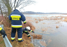 Strażacy OSP Szczepocice podczas monitorowania poziomu wody rzeki Warty 